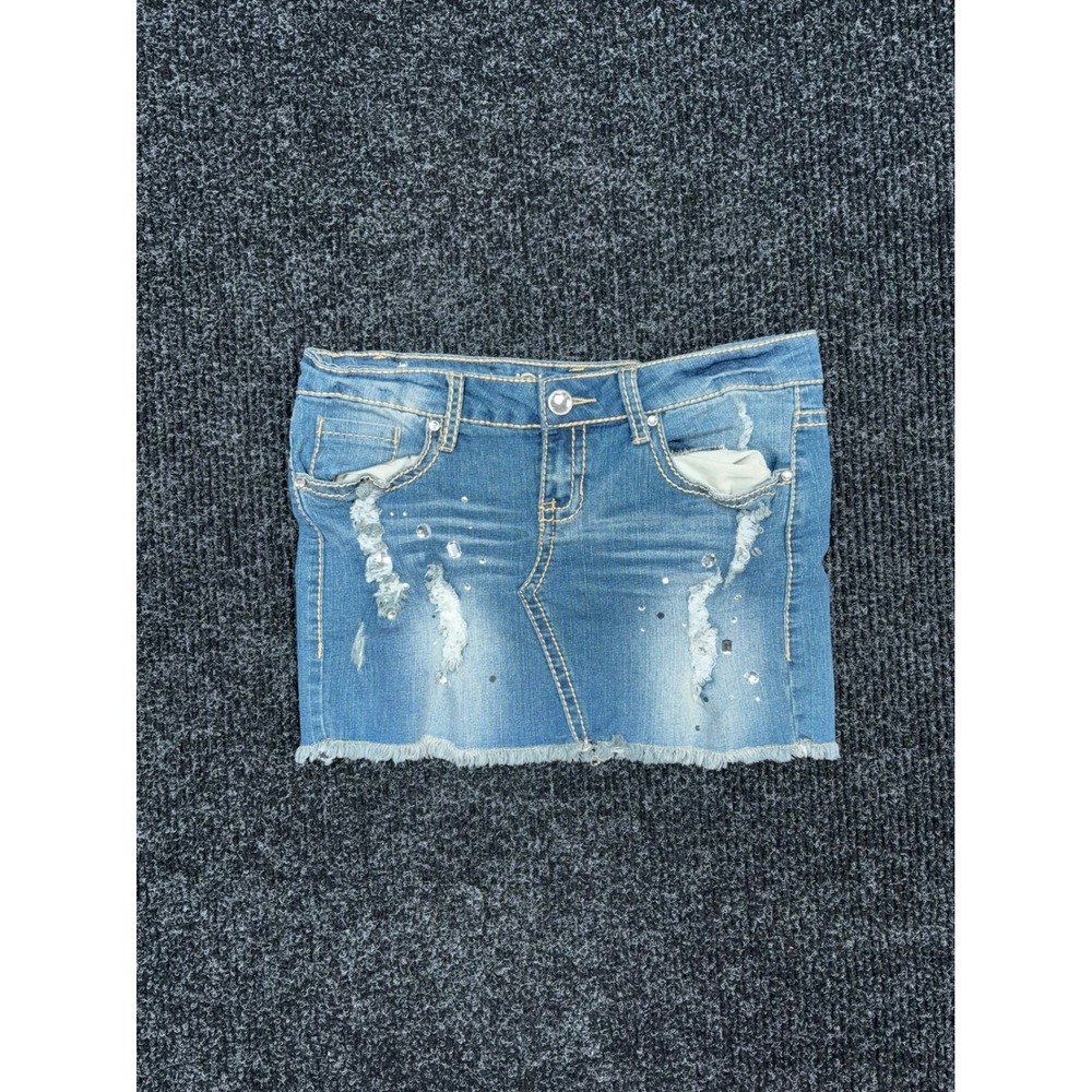 Rue21 Womens Denim Mini Skirt Size 5/6 Blue Distressed Rhinestone Y2K Frayed Hem